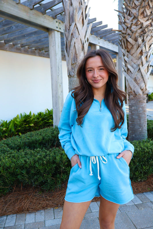 Half-Zip Pullover Lounge Shorts Set - Sky Blue