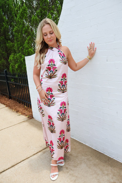 Floral Satin Halter Midi Dress