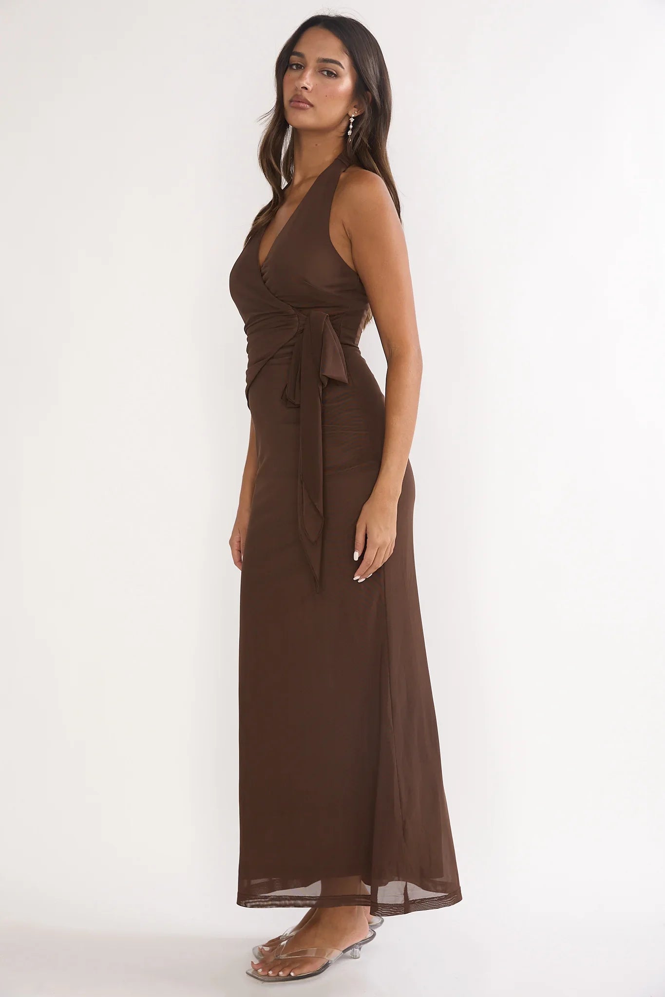 Halo Moon Wrap Front Halter Maxi Dress Chocolate