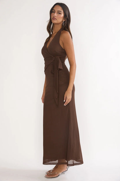 Halo Moon Wrap Front Halter Maxi Dress Chocolate