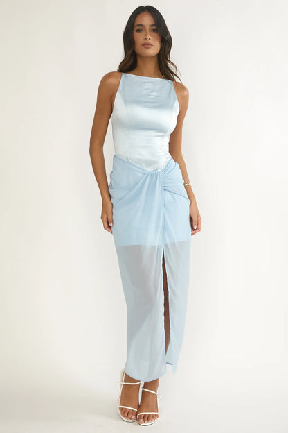 Amelisse Sheer Waist Wrap Maxi Dress Ice Blue