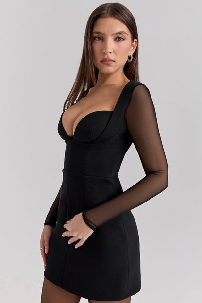 black stretch crepe plunge mini dress