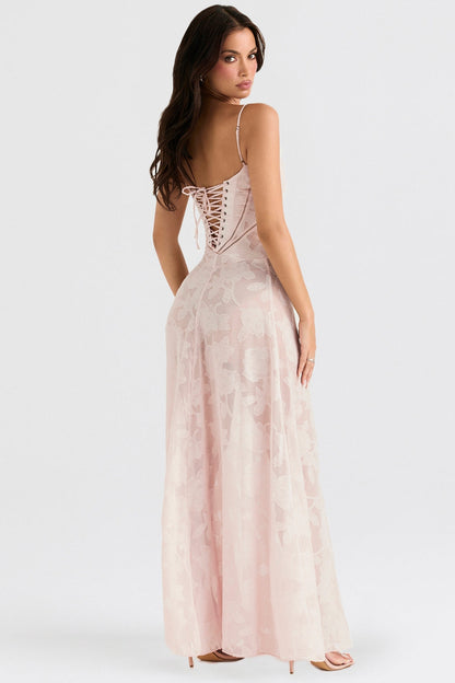 soft pink floral lace back maxi dress