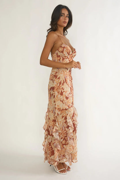 Charlisa Strappy Back Ruffle Maxi Dress Floral Yellow
