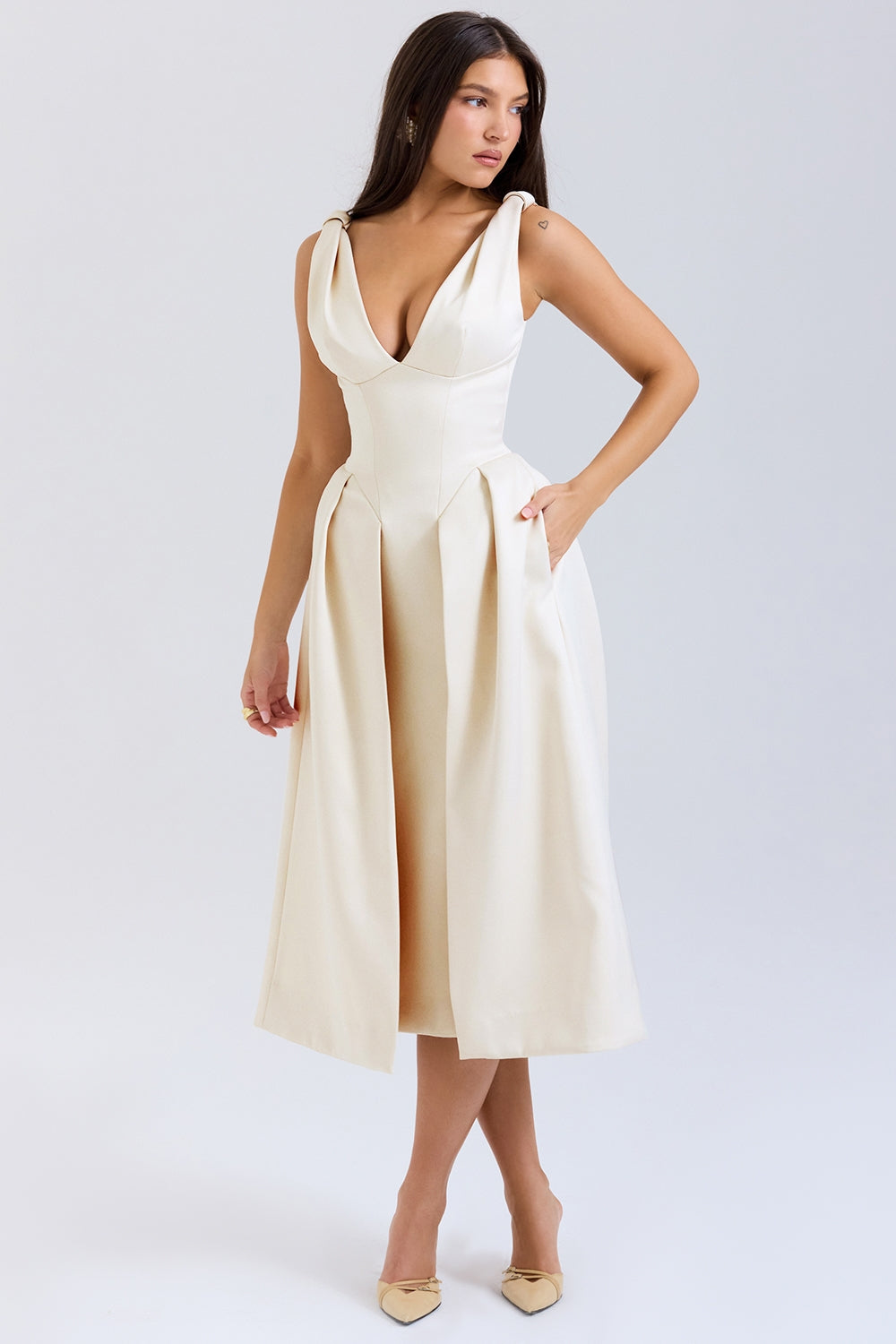 vintage cream satin pleated midi dress - sale