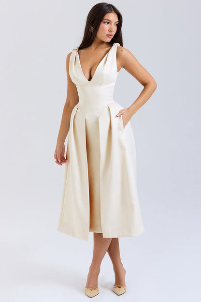 vintage cream satin pleated midi dress - sale