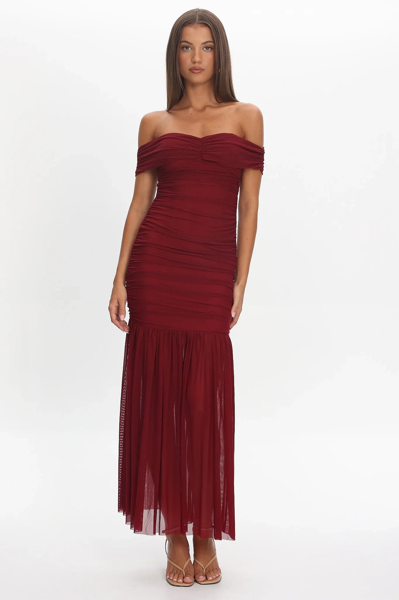 La Salle Off Shoulder Mesh Maxi Dress Wine