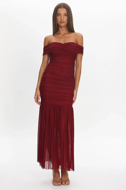 La Salle Off Shoulder Mesh Maxi Dress Wine