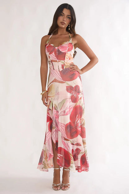 Moonlit Magic Halterneck Split Maxi Dress Floral Red