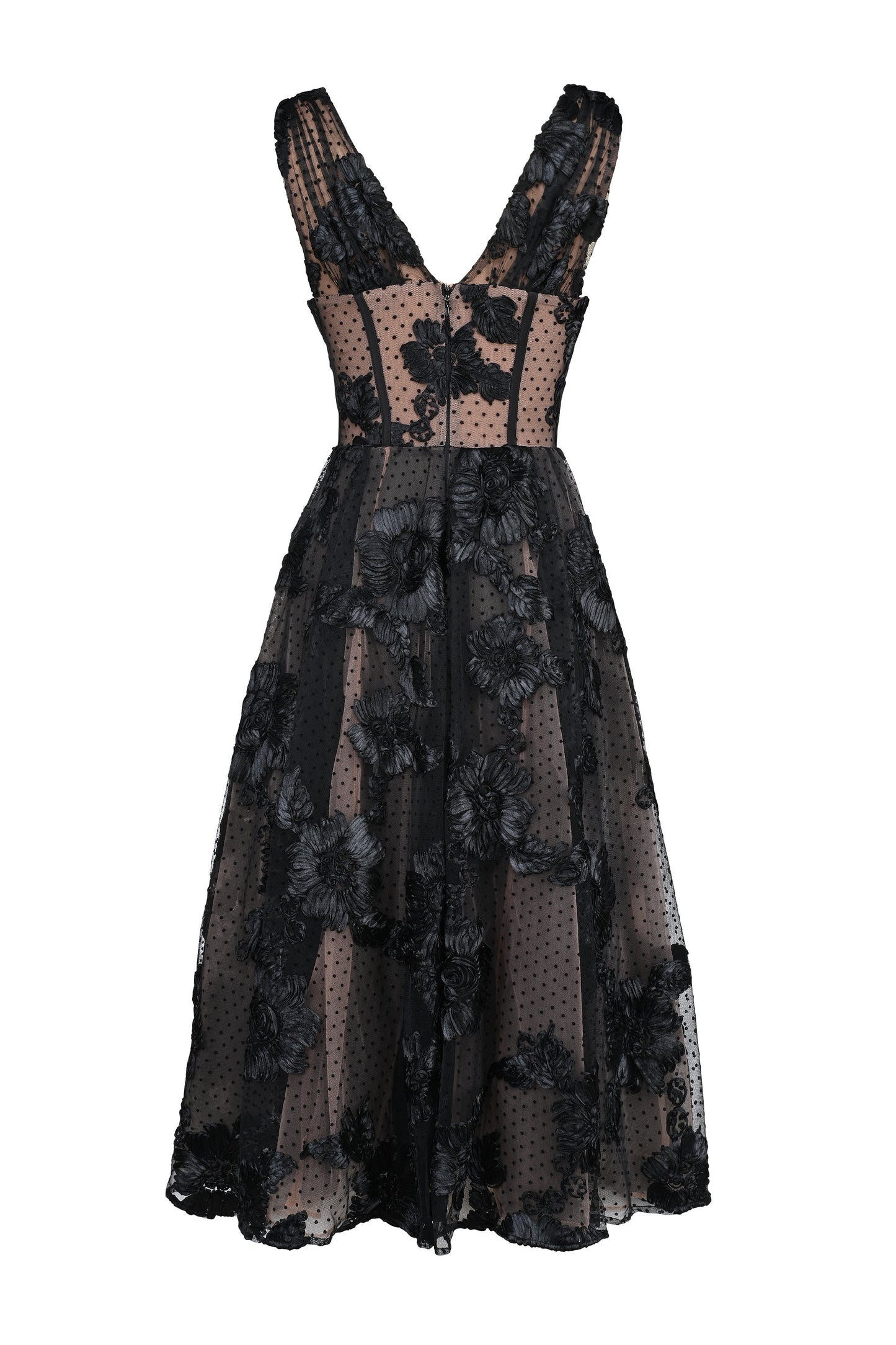 black embroidered tulle corset midi dress
