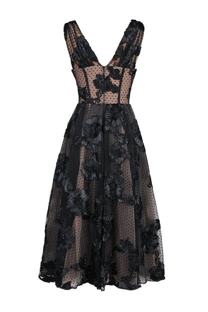 black embroidered tulle corset midi dress