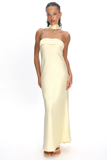 Kona Strapless Pleated Bust Satin Maxi Dress Butter