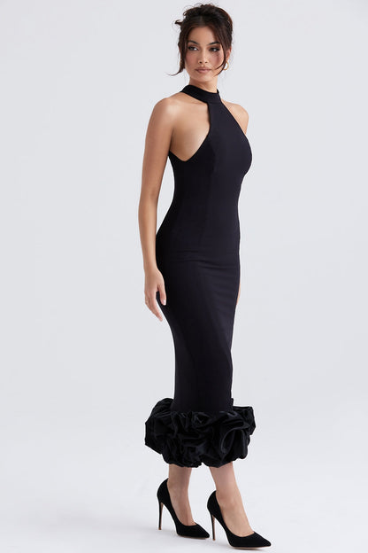 black peplum midi dress