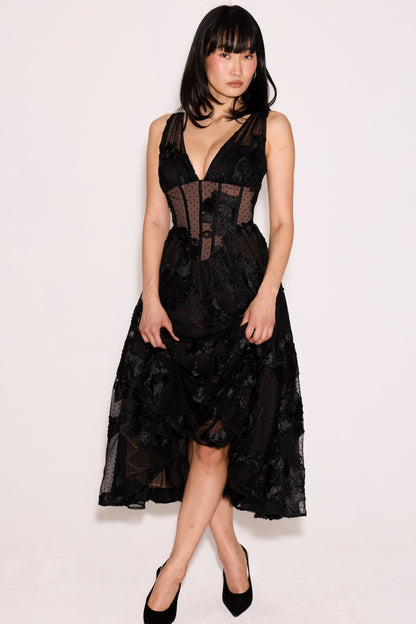 black embroidered tulle corset midi dress