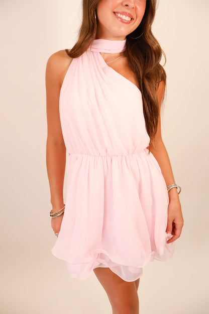 Tiered Halter Scarf Mini Dress - Soft Pink