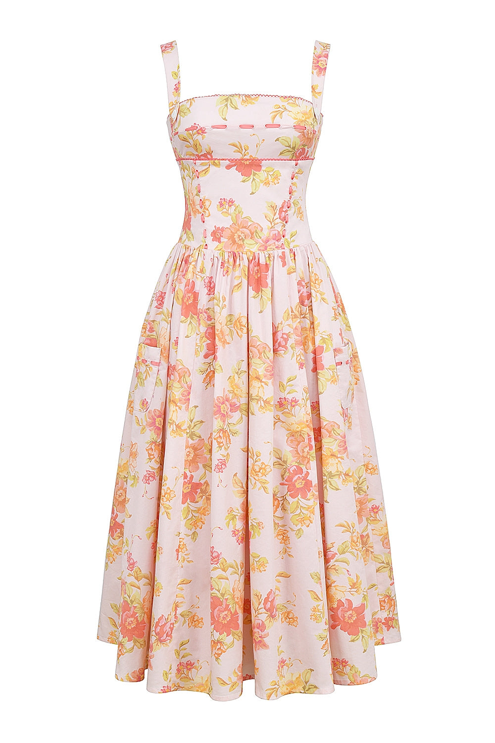 peach poppy print cotton midi sundress
