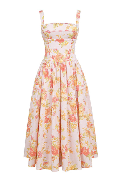 peach poppy print cotton midi sundress