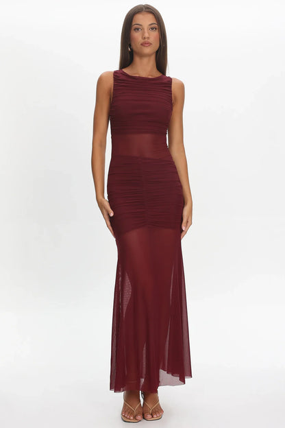 Sade Sheer Panel Ruched Maxi Dress Wine