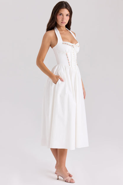 white cotton halter neck midi dress
