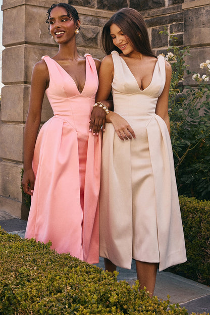 vintage cream satin pleated midi dress - sale