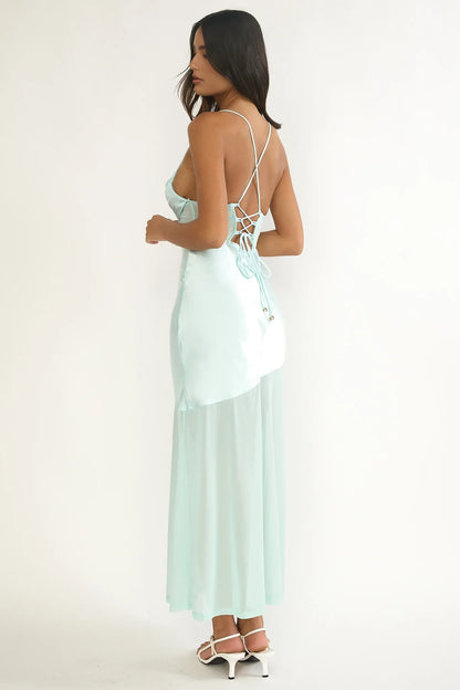 Golden Era Sheer Waist Maxi Dress Aqua Blue