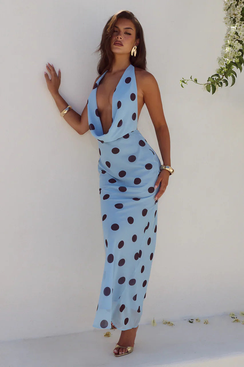 LEXIE LOW PLUNGE HALTER MAXI DRESS - SKY BLUE /CHOC POLKA
