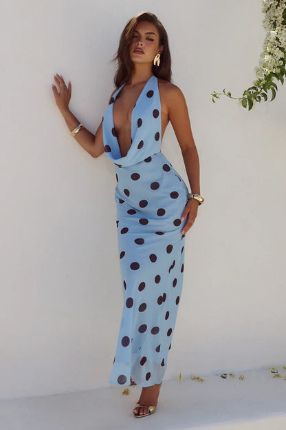 LEXIE LOW PLUNGE HALTER MAXI DRESS - SKY BLUE /CHOC POLKA