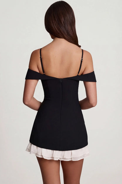 Off-Shoulder Ruffle A-Line Mini Dress in Black