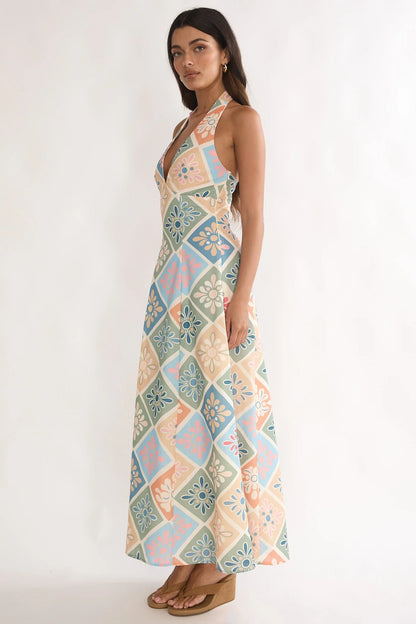 Nolara A-Line Halterneck Maxi Dress Green Multi