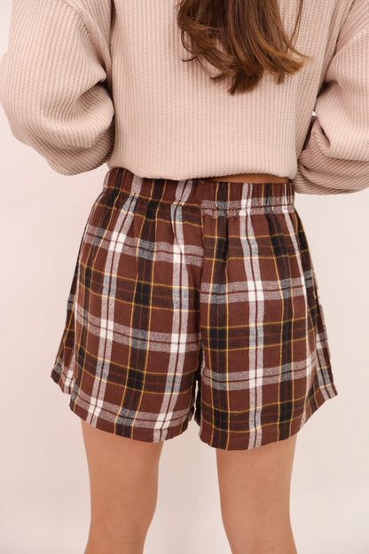 Plaid Flannel Boxer Shorts - Brown