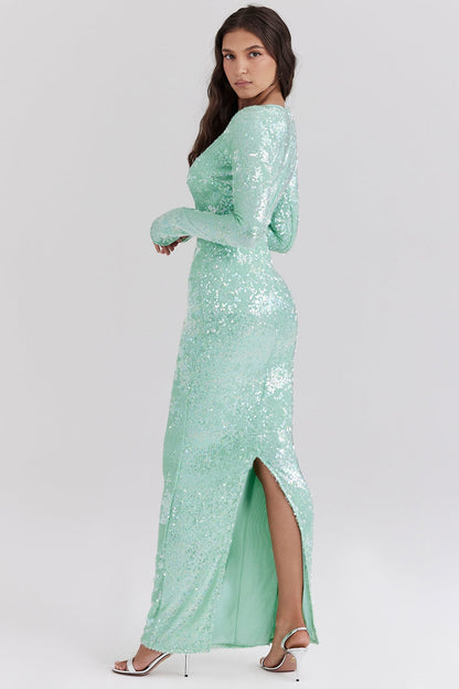 seafoam sequin maxi gown