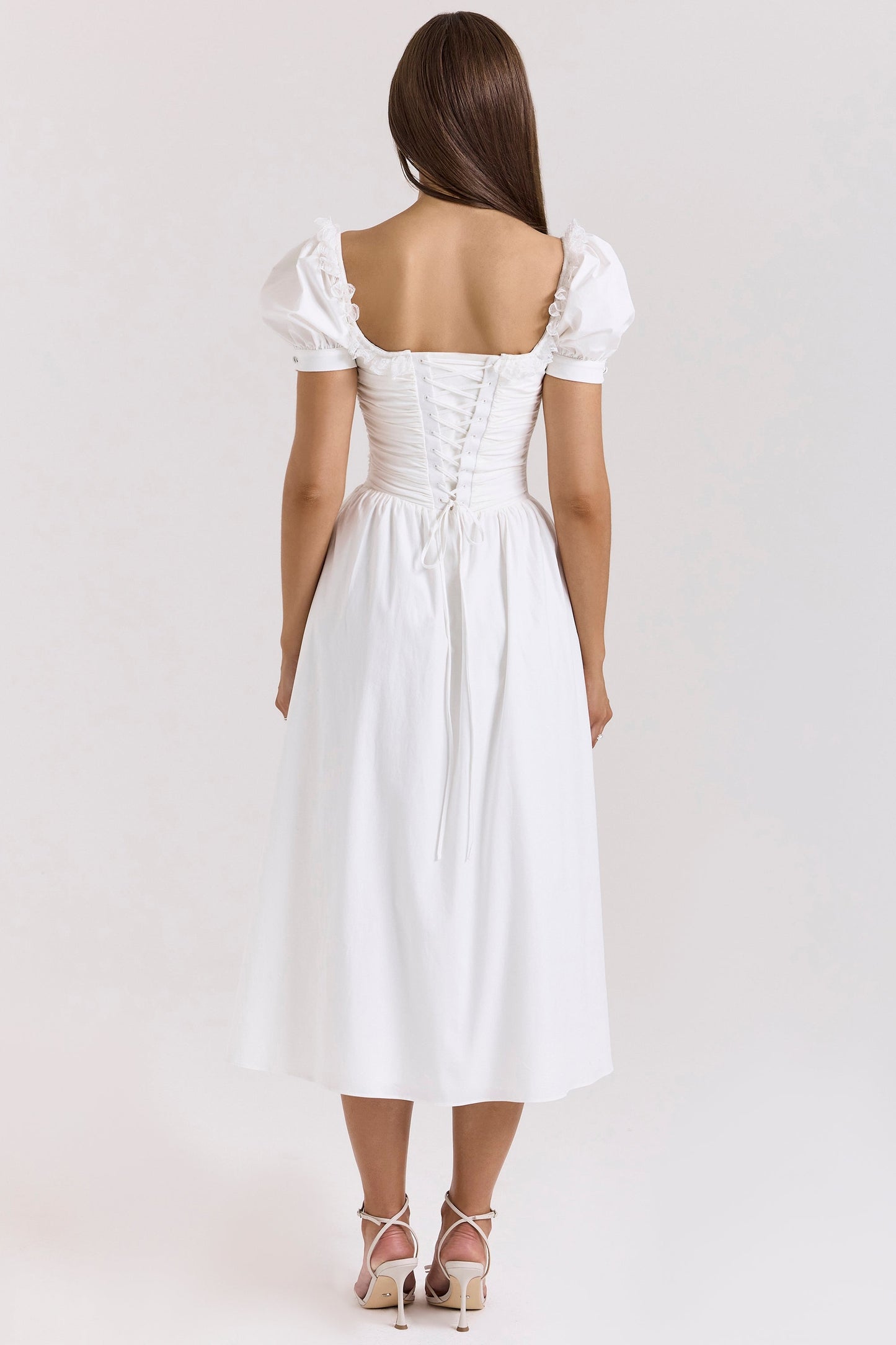 white stretch cotton puff sleeve midi dress