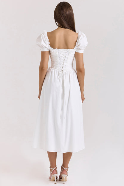white stretch cotton puff sleeve midi dress