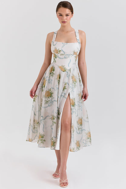 soft blue vintage ribbon print chiffon midi dress
