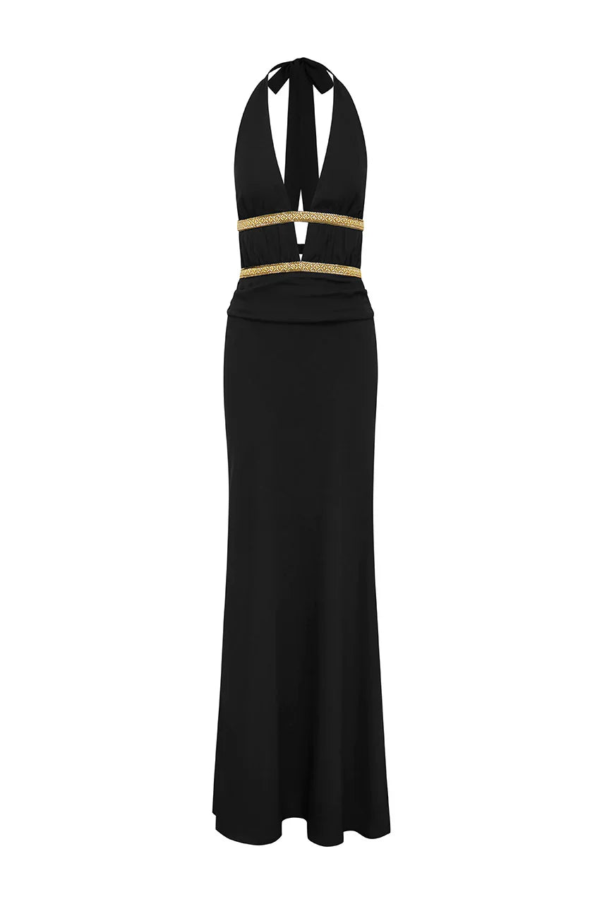 XYLIA HALTER LOW PLUNGE MAXI DRESS - BLACK