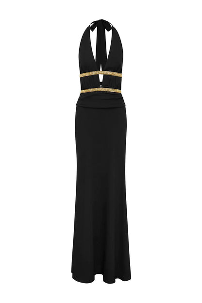 XYLIA HALTER LOW PLUNGE MAXI DRESS - BLACK
