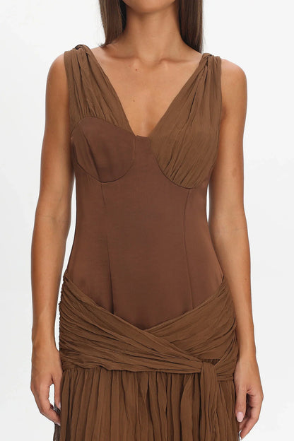 Keia Crepe Chiffon One-Shoulder Maxi Dress Chocolate
