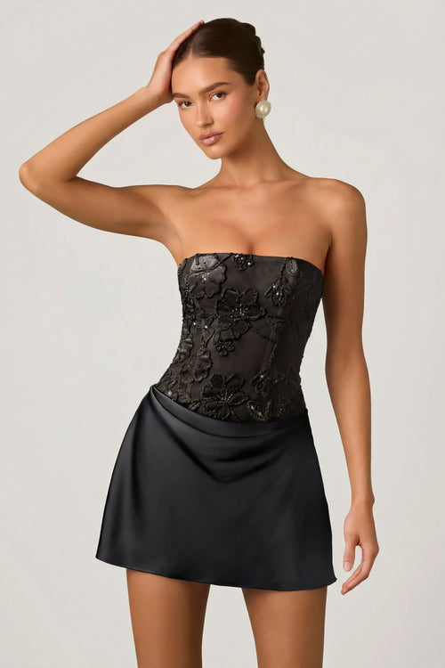 Embellished Draped Strapless A-Line Mini Dress in Black