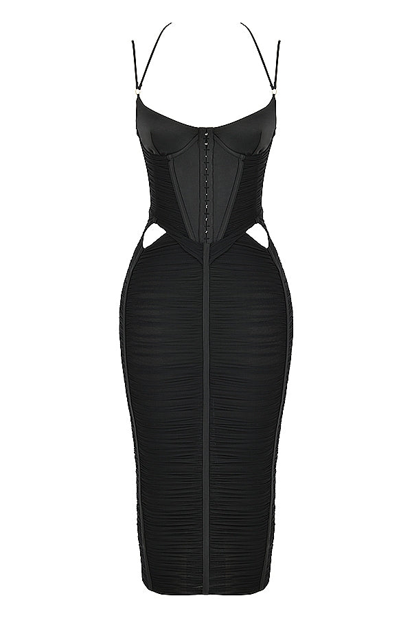 black ruched midi dress