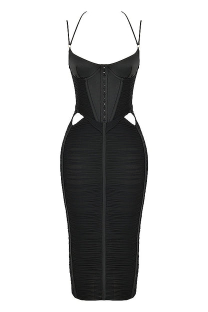 black ruched midi dress