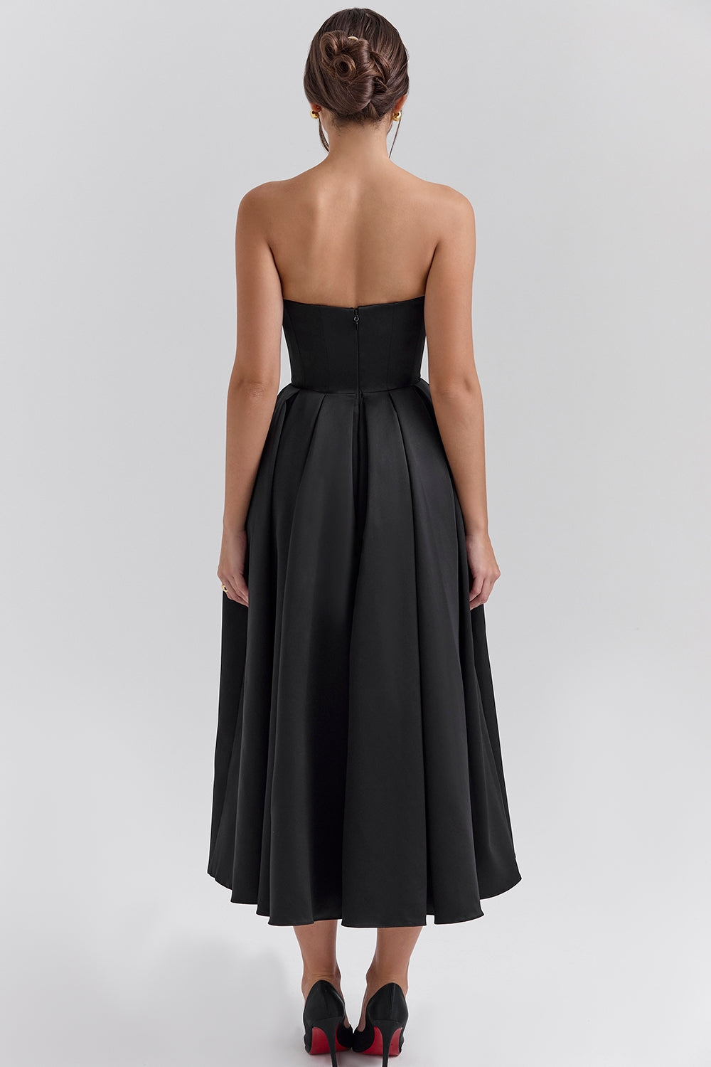 black strapless satin corset midi dress - sale