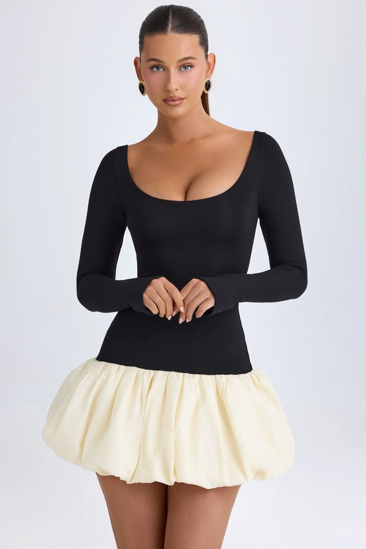 Modal Scoop-Neck Drop-Waist Bubble Hem Mini Dress in Vanilla