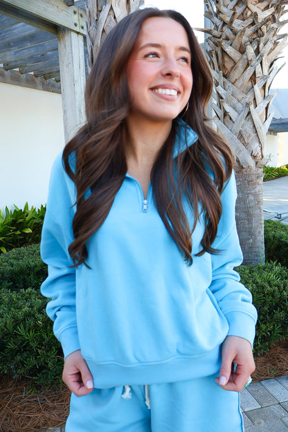 Half-Zip Pullover Lounge Shorts Set - Sky Blue