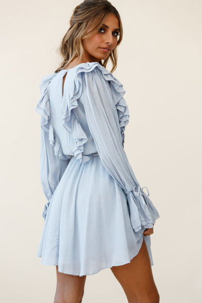 Adina Fluted Long Sleeve Frill Detail Dress Grey