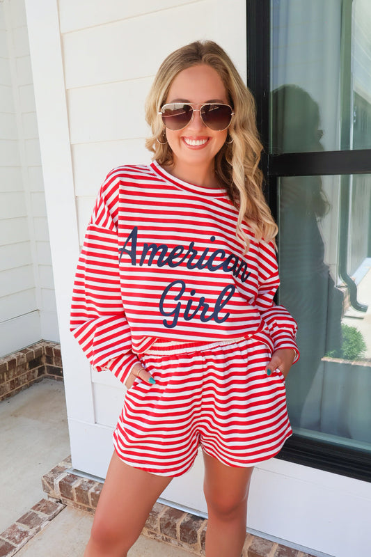 American Girl Stripe Sweatshirt & Shorts Set