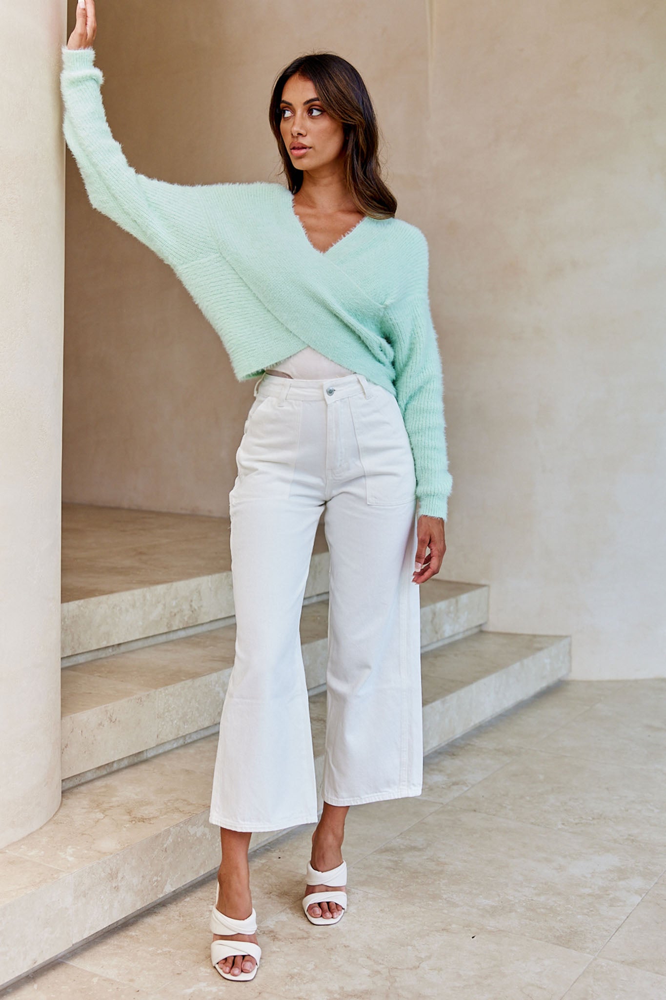 All My Love Long Sleeve Crossover Knit Sweater Soft Lime