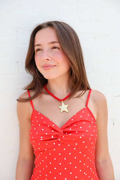 Red Beaded Gold Star Choker Necklace