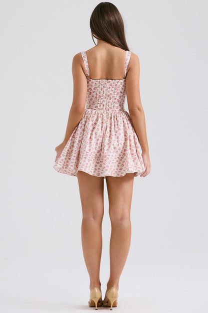 white rosebud print cotton mini dress