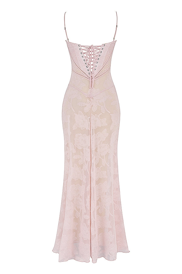 soft pink floral lace back maxi dress