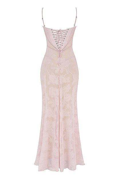 soft pink floral lace back maxi dress